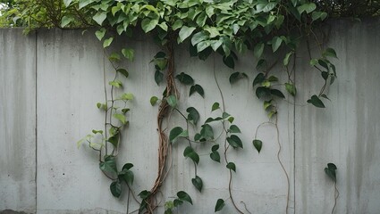 Leinwandbilder - Ficus pumila vines gracefully climbing a textured concrete wall with lush green leaves and ample copy space at the top for text integration.