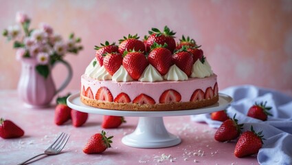 Poster - Classic French Fraisier cake adorned with fresh strawberries and whipped cream, set against a soft pastel pink background with scattered strawberries.