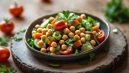Poster - Chickpea and vegetable salad in a dark bowl on a wooden plate, vibrant green parsley and red tomatoes, natural light with clear space for text.