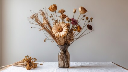 Fototapete - Dried flowers in a glass vase create a rustic centerpiece on a white table against a soft light background with space for text.