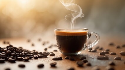 Poster - Steaming espresso in a clear glass cup positioned centrally with dark coffee beans scattered around on a warm morning backdrop.