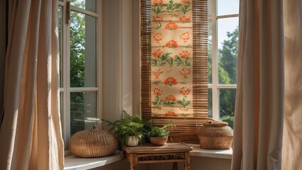 Poster - Sunlit corner featuring a floral sunshade with warm beige curtains and potted plants on a rustic table, creating a serene indoor atmosphere.