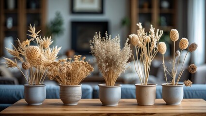 Aufkleber - Dried floral arrangements in neutral pots on a wooden table arranged in a living room with a soft-focus background featuring cozy decor.