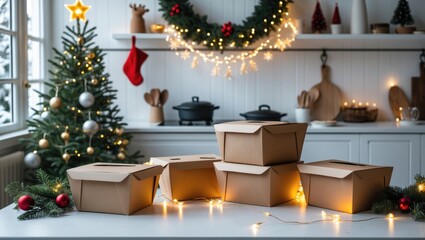 Poster - Cozy kitchen scene with decorated Christmas tree and glowing lights, featuring five stacked cardboard boxes on a white table, red and gold accents.