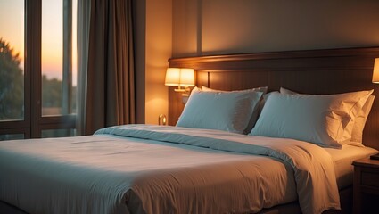 Aufkleber - Cozy hotel bedroom at dusk featuring a neatly made extra bed with soft white linens and warm ambient lighting near a large window.