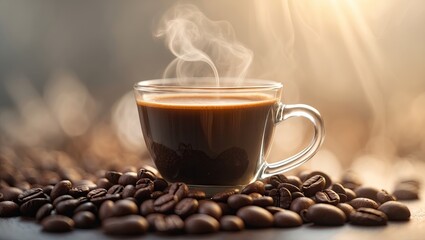 Poster - Steaming espresso in a clear cup placed on scattered coffee beans with a warm morning glow and soft light for an inviting atmosphere.