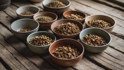 Poster - Pet food bowls with dry kibble in various earthy tones arranged on rustic wooden floor. Copyspace available for text or design elements.