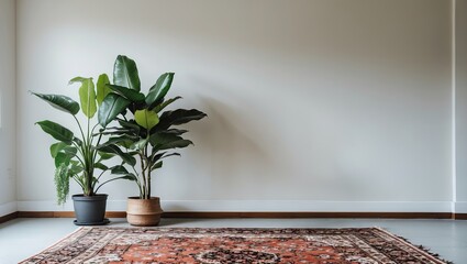 Aufkleber - Lush green houseplants in dark and light pots beside ornate carpet on light wall in spacious empty room with wooden flooring and natural light.