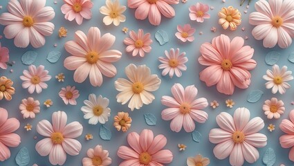Aufkleber - Pastel flower texture background with pink and white blooms on a soft blue surface, ideal for stylish design and wallpaper applications.