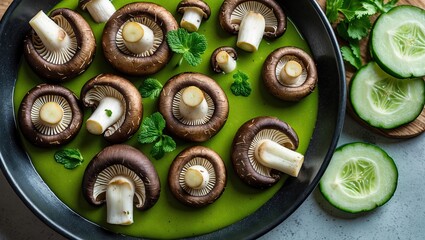 Poster - Fresh green mushroom soup surrounded by cucumbers and garnished with mint leaves in a dark bowl on a light textured surface
