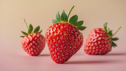Poster - Vibrant red strawberries arranged on a soft pastel pink background with delicate green leaves showcasing freshness and natural beauty