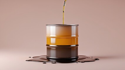 Poster - Drum with golden oil spilling over a dark puddle on a light beige pastel background creating a vibrant and textured composition.