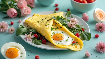Aufkleber - Omelet with egg inside, garnished with herbs, surrounded by flowers and pastel bowls on a turquoise backdrop, creating a vibrant food scene.