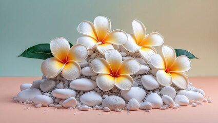 Poster - Four vibrant frangipani flowers with yellow and orange accents placed atop a mound of white stones against a soft pastel green and peach background.