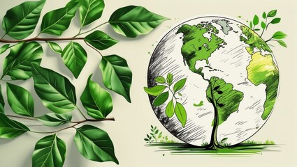 Aufkleber - Eco-friendly illustration of the Earth colored in green and white with a tree, complemented by vibrant green leaves on a beige background.
