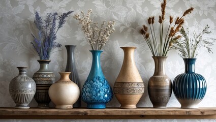 Aufkleber - Decorative vases in various colors arranged on a wooden shelf against a textured white wallpaper background with dried flowers in each vase.