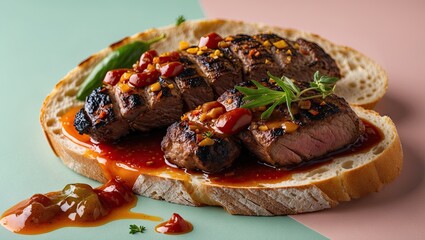 Poster - Grilled meat slices topped with spices and sauces on bread slice, set against soft pastel pink and green background, detailed and appetizing presentation.