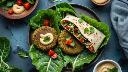 Aufkleber - Vibrant falafel wrap with fresh vegetables and tahini on large green chard leaves, overhead view, perfect for vegan dishes, ample copy space.