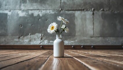Poster - White ceramic vase with daisies positioned centrally on polished wooden floor against a textured gray cement wall, creating a modern aesthetic.