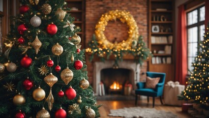 Poster - Christmas tree adorned with gold and red ornaments in cozy interior with a fireplace, wreath, and blue armchair, creating festive warmth.