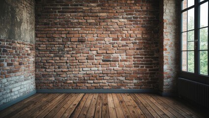 Fototapete - Grunge brick wall with rustic wooden flooring in a spacious room featuring large windows allowing natural light to illuminate the space.