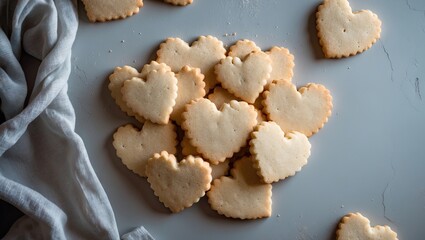 Poster - Heart-shaped cookies arranged on a light gray surface with a soft white cloth partially draped, creating a cozy baking atmosphere.