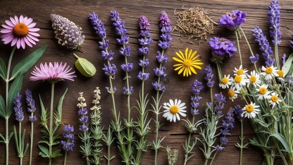 Poster - Assorted fresh herbs including echinacea, lavender, and chamomile arranged vertically on a rustic wooden surface, showcasing vibrant colors and textures.