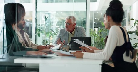 Aufkleber - Business people, meeting and conversation with man, feedback and cooperation for project. Employees, coworking and group in office, discussion and proposal for client, sales increase and professional