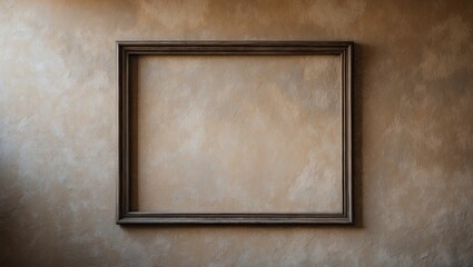 Fototapete - Empty rectangular frame centered on a textured beige wall with a subtle gradient, creating a warm and inviting atmosphere for artwork display.