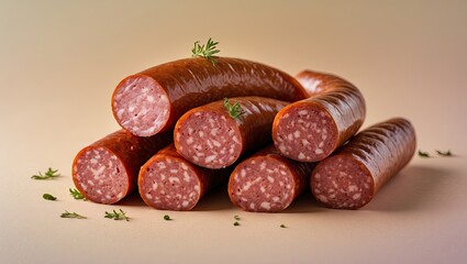 Aufkleber - High-quality smoked sausages arranged on a light pastel background with fresh herbs accentuating their rich reddish-brown color and texture.