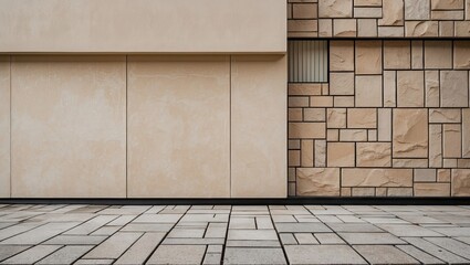 Aufkleber - Beige plaster wall with abstract stone pattern and textured paving slab floor creating a modern architectural facade and minimalistic design.