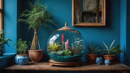 Poster - Floral terrarium on rustic wooden table beside vibrant blue wall featuring various plants in ceramic pots with a vintage mirror backdrop