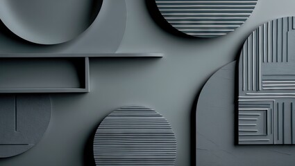 Fototapete - Contemporary abstract design with various gray circles and rectangular shapes, featuring textured patterns, set against a dark gray background.