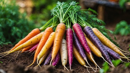 Poster - Colorful rainbow carrots in a pile, featuring orange, purple, yellow, and white hues. Vibrant greens in the background, ideal for text overlay.