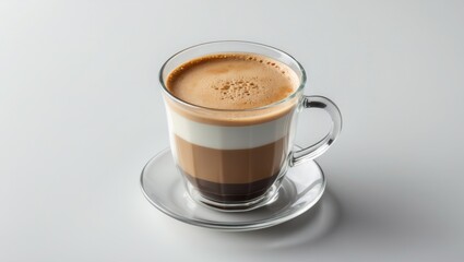 Poster - Glass cup filled with layered hot coffee and milk on a clear saucer. Light grey background with ample copy space for text or design elements.