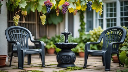 Poster - Tranquil garden scene featuring two black plastic chairs positioned around a small fountain surrounded by lush greenery and vibrant grapevines.