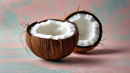 Poster - Halved coconut with creamy white flesh displayed on a soft pastel pink and green background, showcasing its natural texture and details.