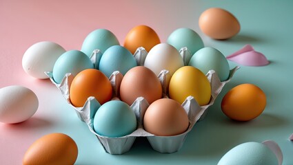 Poster - Pastel colored eggs in a paper tray with a light pink and blue gradient background; eggs arranged neatly with scattered eggs around the tray.