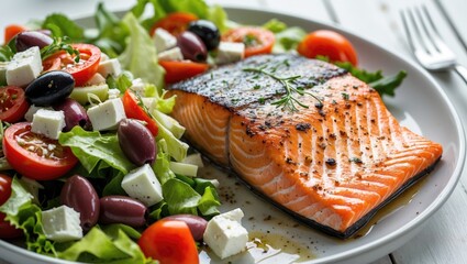 Aufkleber - Freshly grilled salmon fillet served on a white plate alongside a vibrant salad of cherry tomatoes, black olives, and feta cheese.