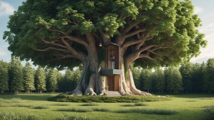Leinwandbilder - Majestic tree with expansive green foliage encasing a modern wooden house at the center, surrounded by lush grass and forest, featuring ample copy space.