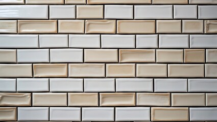 Fototapete - Seamless white and cream glossy tile wall texture featuring elongated rectangular tiles arranged in a staggered pattern for interior design.