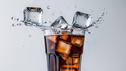 Aufkleber - Ice cubes splashing into a glass of dark cola on a bright white background with clear space for text or design elements in the top and bottom areas.