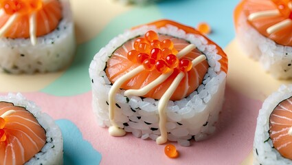 Poster - Delicious salmon sushi roll with vibrant orange shrimp roe and creamy mayonnaise on a light pastel background in elegant Japanese food style