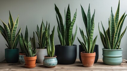 Aufkleber - Indoor composition of snake plants in varied pots including terracotta, ceramic, and matte black against a neutral backdrop on a wooden surface.