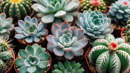 Poster - Colorful succulent plants in various shades of green and pink arranged in terracotta pots with spiky cacti in the background and foreground.