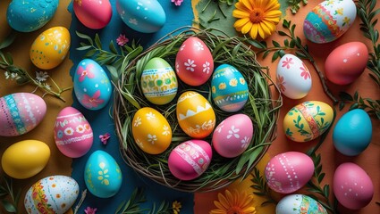Poster - Colorful Easter table arrangement with painted eggs in a circle on a vibrant multicolored background with spring flowers and greenery, top view.