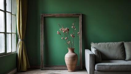 Poster - Elegant interior featuring an empty frame with a clay vase of flowers beside a soft grey sofa against a deep green wall. Light from a window.