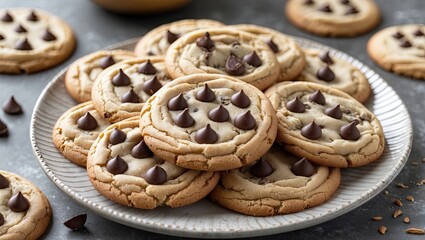Poster - Warm chocolate chip cookies stacked on a white plate with a light grey background, featuring rich brown chocolate chips on top.