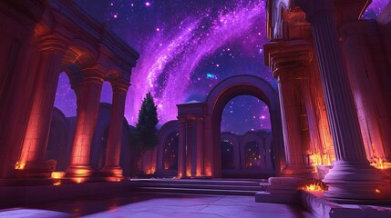 A celestial sanctuary with glowing pillars and a starry sky visible through open arches digital