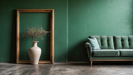 Poster - Green wall interior featuring a vintage gold frame with a white vase holding dried flowers beside a plush green sofa on a concrete floor.